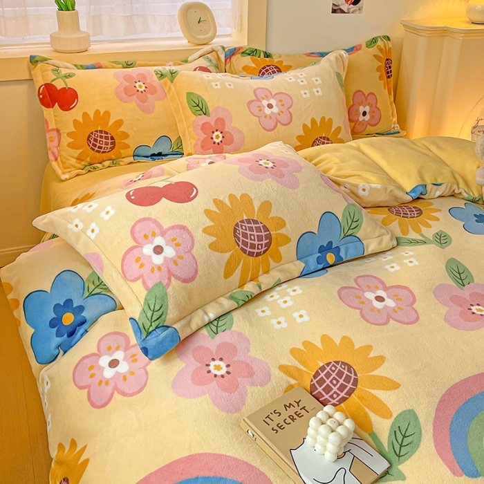 91家纺网 家纺一手货源 找家纺 畅畅家纺 2023新款活性印花小清新AB版加厚高克重法莱绒牛奶绒四件套 彩虹花朵