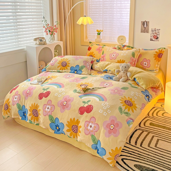 91家纺网 家纺一手货源 找家纺 畅畅家纺 2023新款活性印花小清新AB版加厚高克重法莱绒牛奶绒四件套 彩虹花朵