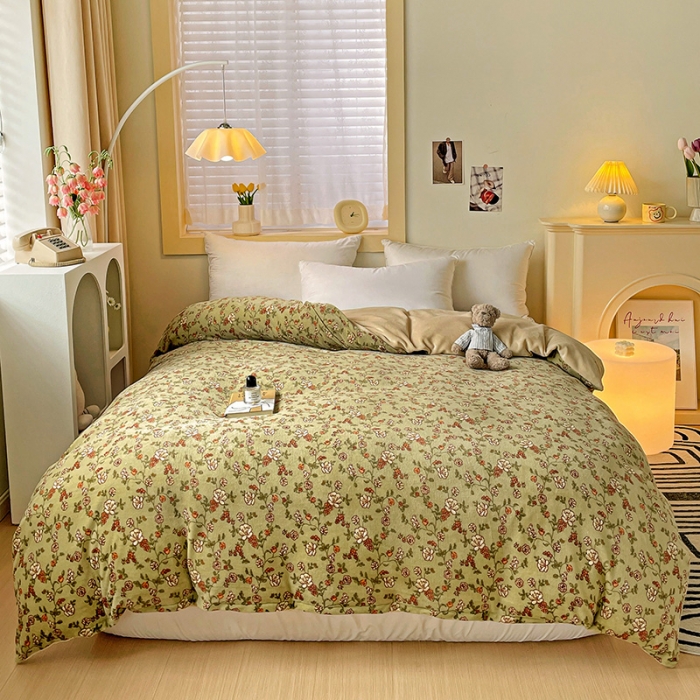 91家纺网 家纺一手货源 找家纺 畅畅家纺 2023新款活性印花小清新AB版加厚高克重法莱绒牛奶绒四件套 芳草集