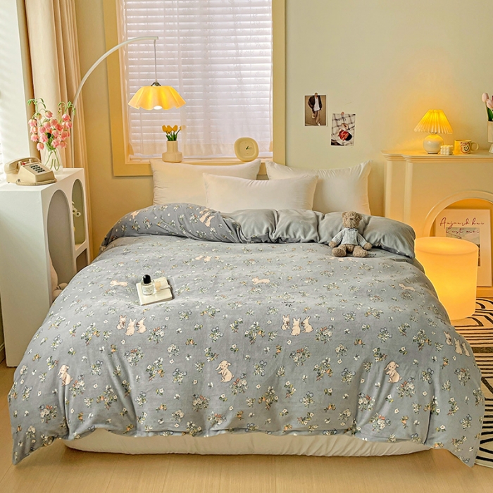 91家纺网 家纺一手货源 找家纺 畅畅家纺 2023新款活性印花小清新AB版加厚高克重法莱绒牛奶绒四件套 可可里