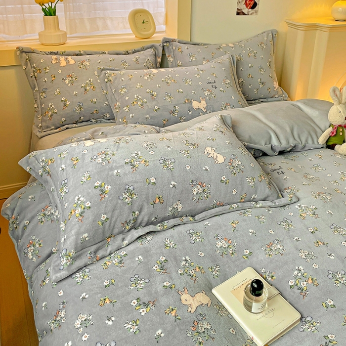 91家纺网 家纺一手货源 找家纺 畅畅家纺 2023新款活性印花小清新AB版加厚高克重法莱绒牛奶绒四件套 可可里