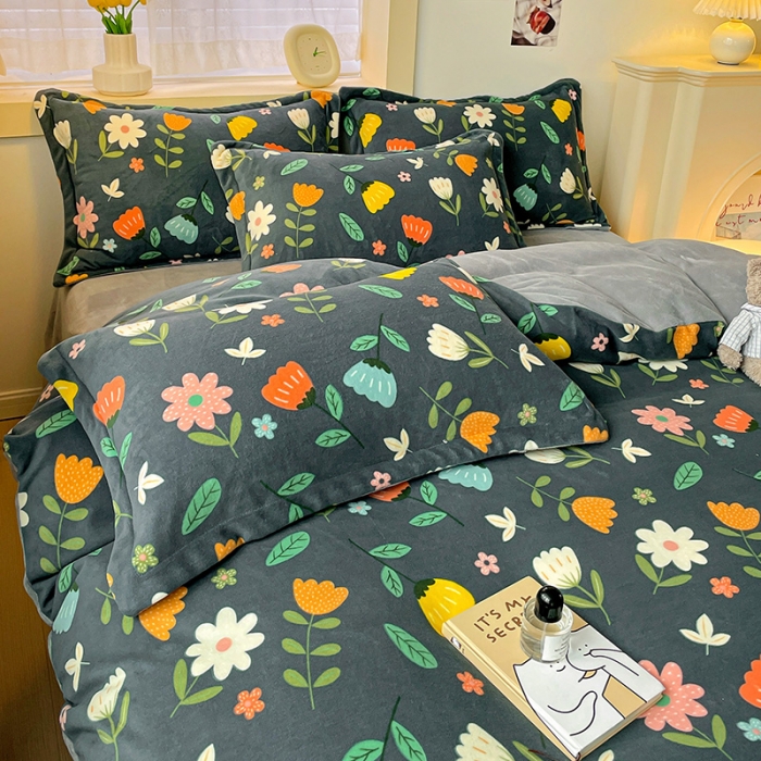 91家纺网 家纺一手货源 找家纺 畅畅家纺 2023新款活性印花小清新AB版加厚高克重法莱绒牛奶绒四件套 丽莎