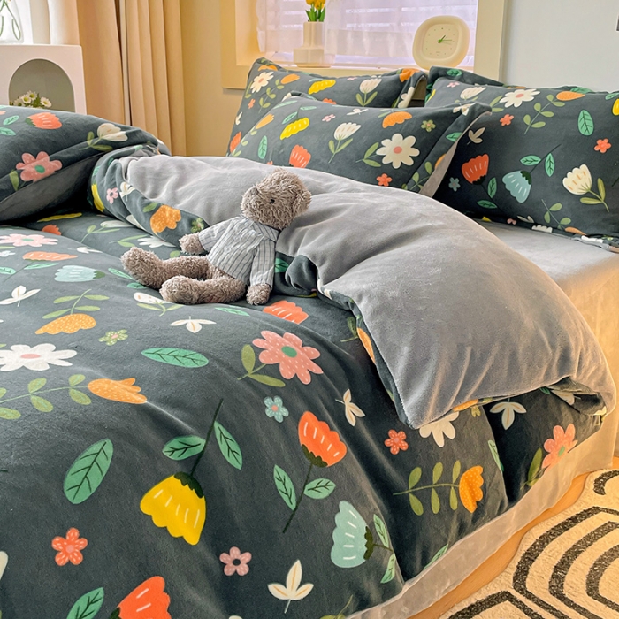 91家纺网 家纺一手货源 找家纺 畅畅家纺 2023新款活性印花小清新AB版加厚高克重法莱绒牛奶绒四件套 丽莎