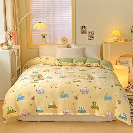 畅畅家纺 2023新款活性印花小清新AB版加厚高克重法莱绒牛奶绒四件套 汽车乐园