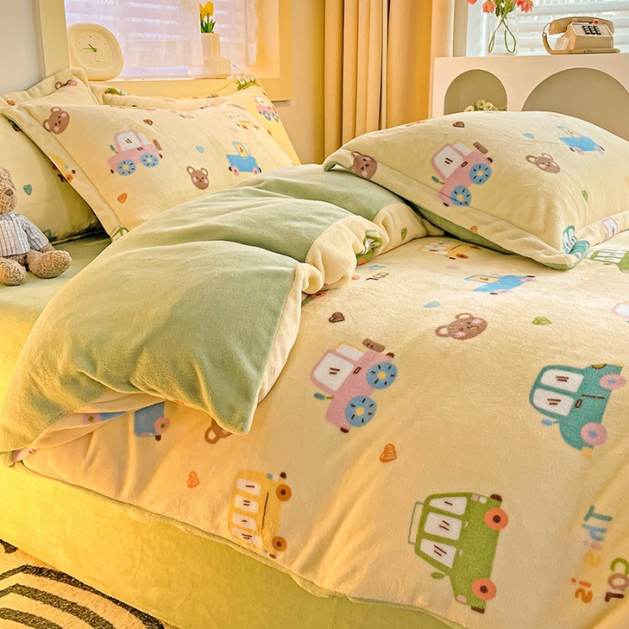 91家纺网 家纺一手货源 找家纺 畅畅家纺 2023新款活性印花小清新AB版加厚高克重法莱绒牛奶绒四件套 汽车乐园