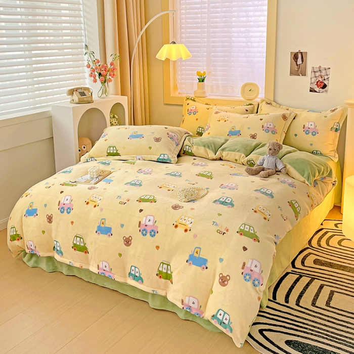 91家纺网 家纺一手货源 找家纺 畅畅家纺 2023新款活性印花小清新AB版加厚高克重法莱绒牛奶绒四件套 汽车乐园