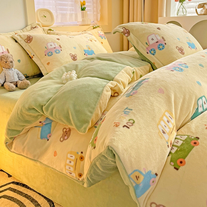 91家纺网 家纺一手货源 找家纺 畅畅家纺 2023新款活性印花小清新AB版加厚高克重法莱绒牛奶绒四件套 汽车乐园