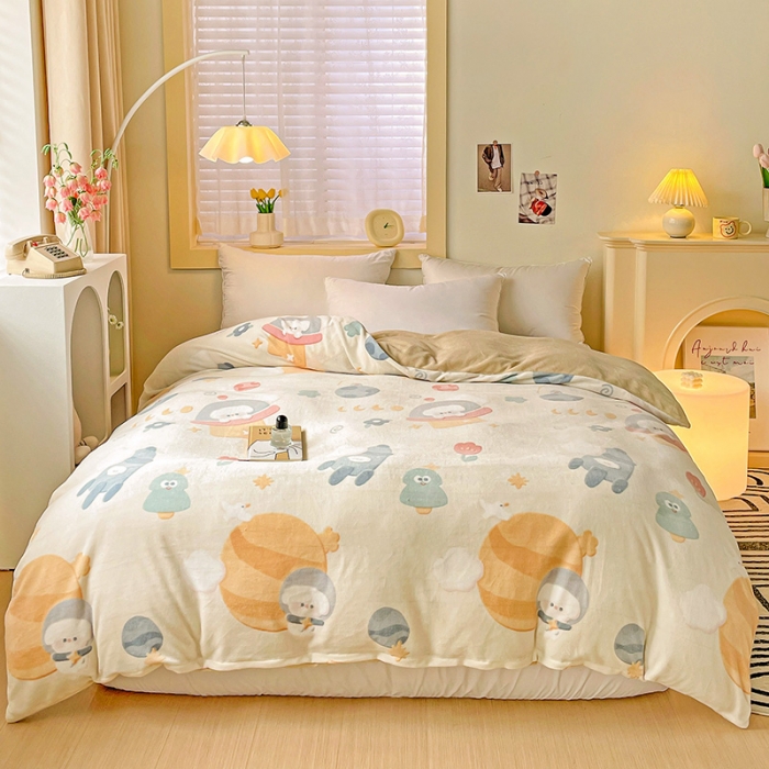 91家纺网 家纺一手货源 找家纺 畅畅家纺 2023新款活性印花小清新AB版加厚高克重法莱绒牛奶绒四件套 太空旅行