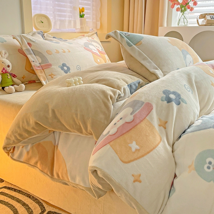 91家纺网 家纺一手货源 找家纺 畅畅家纺 2023新款活性印花小清新AB版加厚高克重法莱绒牛奶绒四件套 太空旅行