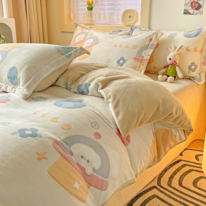 91家纺网 家纺一手货源 找家纺 畅畅家纺 2023新款活性印花小清新AB版加厚高克重法莱绒牛奶绒四件套 太空旅行