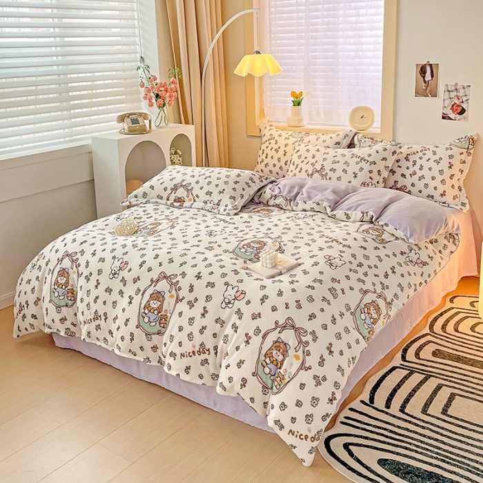 91家纺网 家纺一手货源 找家纺 畅畅家纺 2023新款活性印花小清新AB版加厚高克重法莱绒牛奶绒四件套 甜美女孩