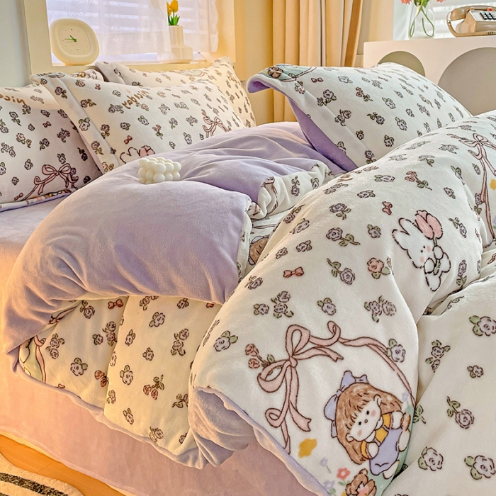 91家纺网 家纺一手货源 找家纺 畅畅家纺 2023新款活性印花小清新AB版加厚高克重法莱绒牛奶绒四件套 甜美女孩