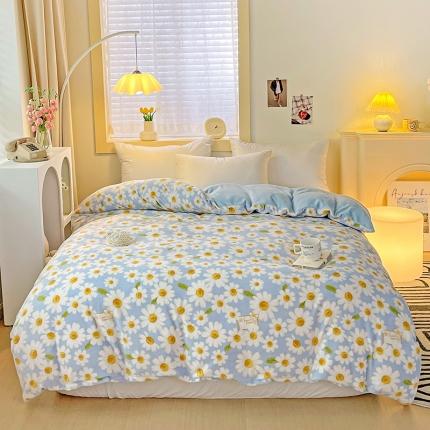 畅畅家纺 2023新款活性印花小清新AB版加厚高克重法莱绒牛奶绒四件套 小雏菊