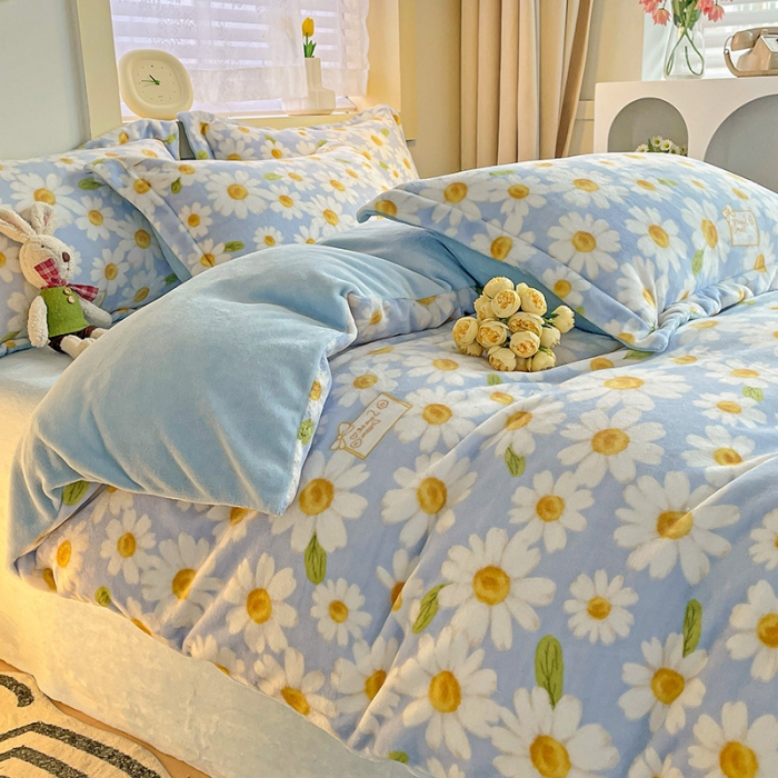 91家纺网 家纺一手货源 找家纺 畅畅家纺 2023新款活性印花小清新AB版加厚高克重法莱绒牛奶绒四件套 小雏菊