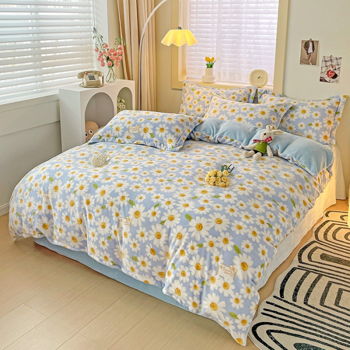 91家纺网 家纺一手货源 找家纺 畅畅家纺 2023新款活性印花小清新AB版加厚高克重法莱绒牛奶绒四件套 小雏菊