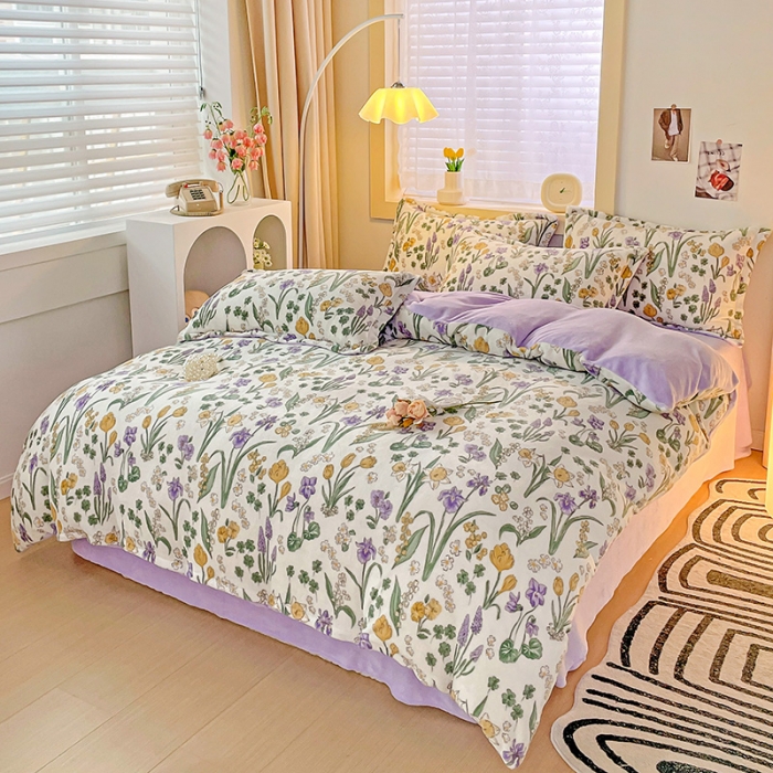 91家纺网 家纺一手货源 找家纺 畅畅家纺 2023新款活性印花小清新AB版加厚高克重法莱绒牛奶绒四件套 幸运草