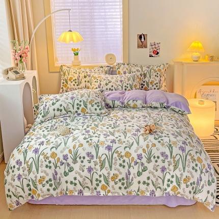 畅畅家纺 2023新款活性印花小清新AB版加厚高克重法莱绒牛奶绒四件套 幸运草