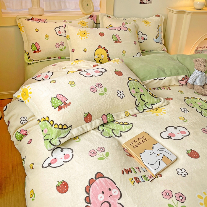 91家纺网 家纺一手货源 找家纺 畅畅家纺 2023新款活性印花小清新AB版加厚高克重法莱绒牛奶绒四件套 幸运恐龙