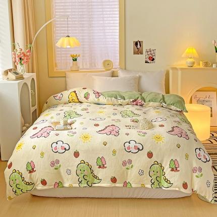 畅畅家纺 2023新款活性印花小清新AB版加厚高克重法莱绒牛奶绒四件套 幸运恐龙