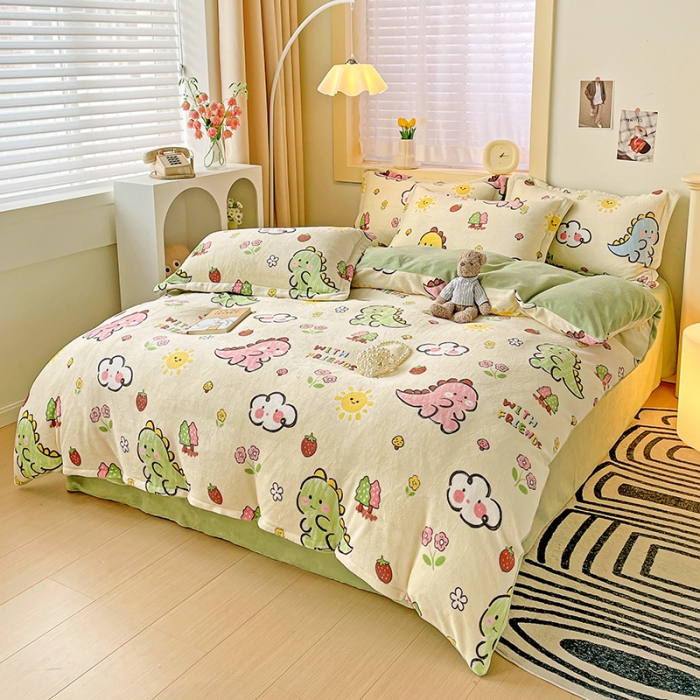 91家纺网 家纺一手货源 找家纺 畅畅家纺 2023新款活性印花小清新AB版加厚高克重法莱绒牛奶绒四件套 幸运恐龙