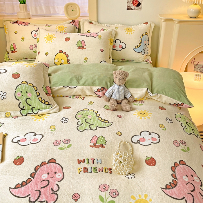 91家纺网 家纺一手货源 找家纺 畅畅家纺 2023新款活性印花小清新AB版加厚高克重法莱绒牛奶绒四件套 幸运恐龙