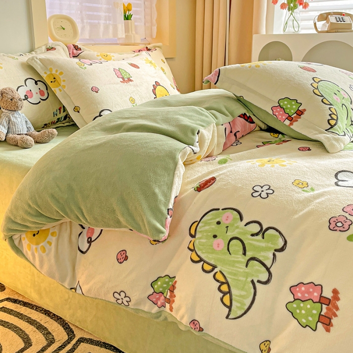 91家纺网 家纺一手货源 找家纺 畅畅家纺 2023新款活性印花小清新AB版加厚高克重法莱绒牛奶绒四件套 幸运恐龙