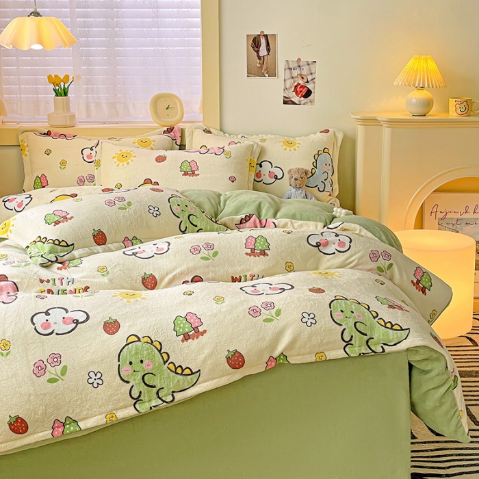 91家纺网 家纺一手货源 找家纺 畅畅家纺 2023新款活性印花小清新AB版加厚高克重法莱绒牛奶绒四件套 幸运恐龙