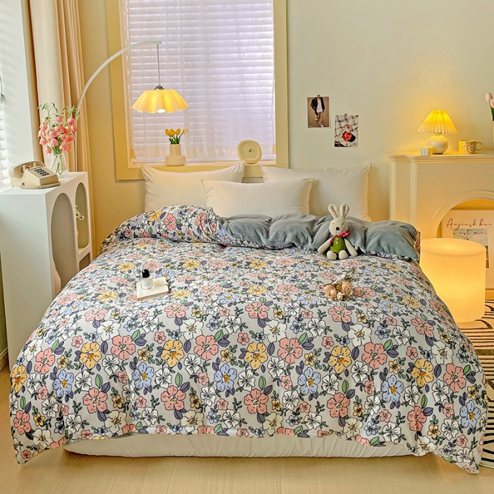 91家纺网 家纺一手货源 找家纺 畅畅家纺 2023新款活性印花小清新AB版加厚高克重法莱绒牛奶绒四件套 雅菲