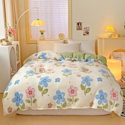 畅畅家纺 2023新款活性印花小清新AB版加厚高克重法莱绒牛奶绒四件套 嫣然