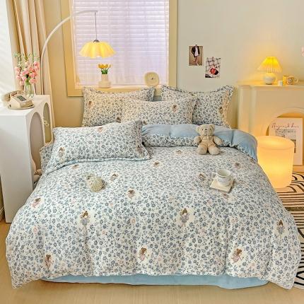 畅畅家纺 2023新款活性印花小清新AB版加厚高克重法莱绒牛奶绒四件套 伊人香榭