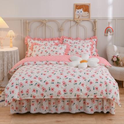 91家纺网 家纺一手货源 找家纺 （总）爱妮玖玖 2023新款小蕾丝床裙四件套夹棉床裙四件套配双针被套