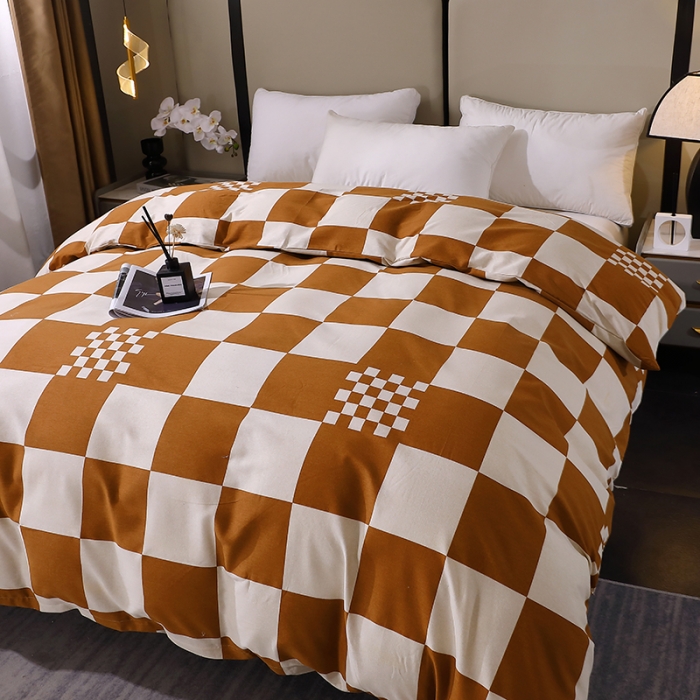 91家纺网 家纺一手货源 找家纺 晶缦 2023新款格林系列全棉活性磨毛单被套 棋盘格桔