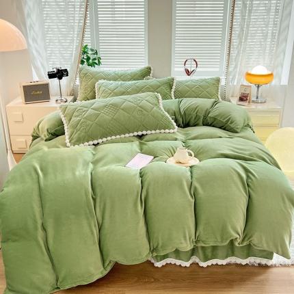 91家纺网 家纺一手货源 找家纺 禧缘家纺（原梦想家） 2024新款球球夹棉床裙式床笠牛奶绒四件套 球球-果绿