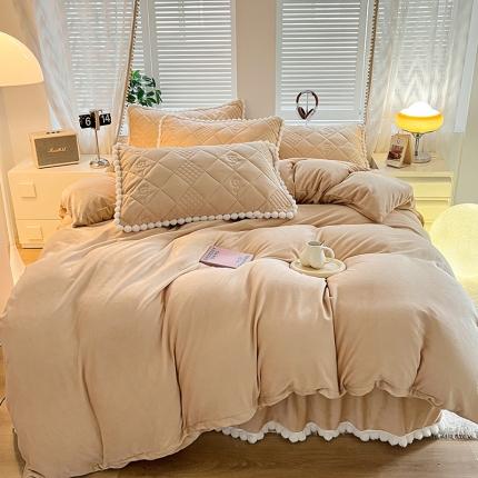 91家纺网 家纺一手货源 找家纺 禧缘家纺（原梦想家） 2024新款球球夹棉床裙式床笠牛奶绒四件套 球球-卡其