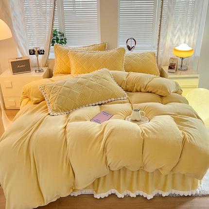 91家纺网 家纺一手货源 找家纺 禧缘家纺（原梦想家） 2024新款球球夹棉床裙式床笠牛奶绒四件套 球球-奶黄