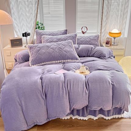 91家纺网 家纺一手货源 找家纺 禧缘家纺（原梦想家） 2024新款球球夹棉床裙式床笠牛奶绒四件套 球球-浅紫