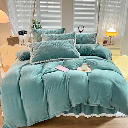 91家纺网 家纺一手货源 找家纺 禧缘家纺（原梦想家） 2024新款球球夹棉床裙式床笠牛奶绒四件套 球球-水绿