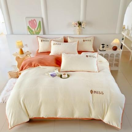 91家纺网 家纺一手货源 找家纺 眷恋 2024新款贝壳边牛奶绒刺绣四件套 恋-奶黄+南瓜橘