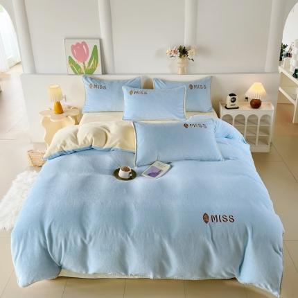 眷恋 2024新款贝壳边牛奶绒刺绣四件套 恋-天空蓝+奶黄