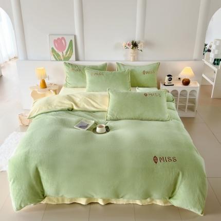 眷恋 2024新款贝壳边牛奶绒刺绣四件套 恋-云川绿+米黄