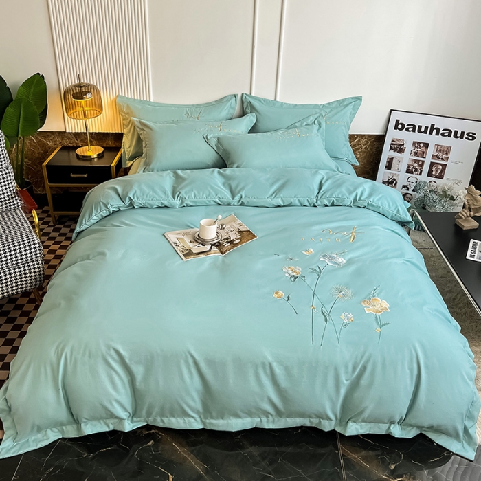 91家纺网 家纺一手货源 找家纺 2023秋冬新款直播热卖长绒棉刺绣花边四件套-烟雨花都系列 烟雨花都-梵星绿