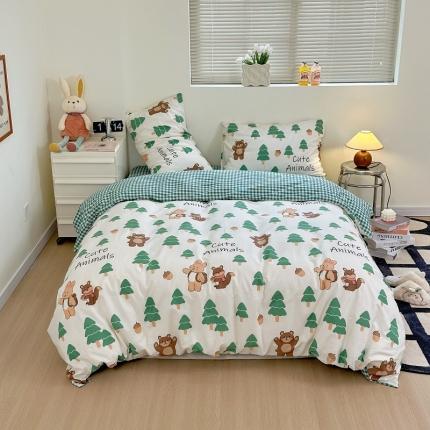 91家纺网 家纺一手货源 找家纺 宜家坊 2024新款12868全棉小清新四件套 绿树熊