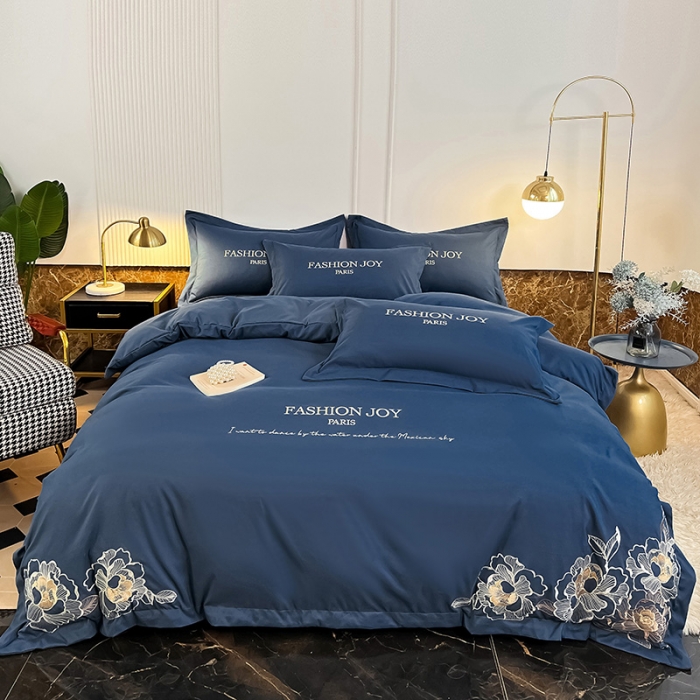 91家纺网 家纺一手货源 找家纺 2023秋冬新款直播热卖长绒棉刺绣花边四件套-繁星系列 繁星-钻石蓝