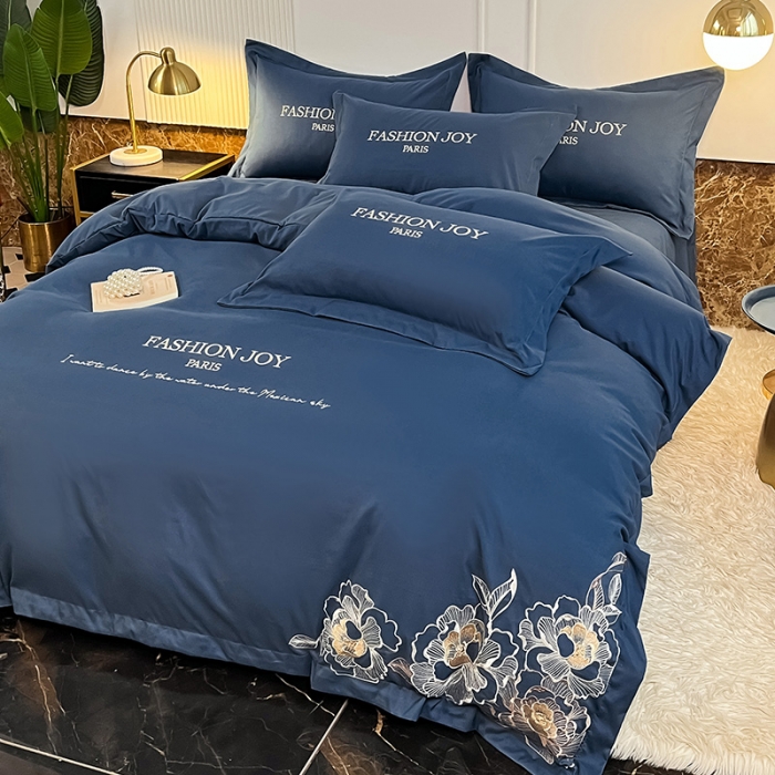 91家纺网 家纺一手货源 找家纺 2023秋冬新款直播热卖长绒棉刺绣花边四件套-繁星系列 繁星-钻石蓝