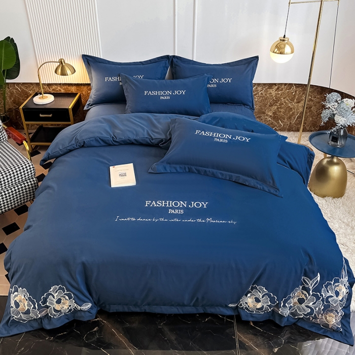 91家纺网 家纺一手货源 找家纺 2023秋冬新款直播热卖长绒棉刺绣花边四件套-繁星系列 繁星-钻石蓝