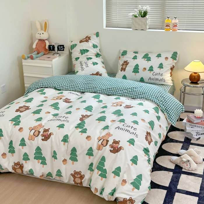 91家纺网 家纺一手货源 找家纺 宜家坊 2024新款12868全棉小清新四件套 绿树熊