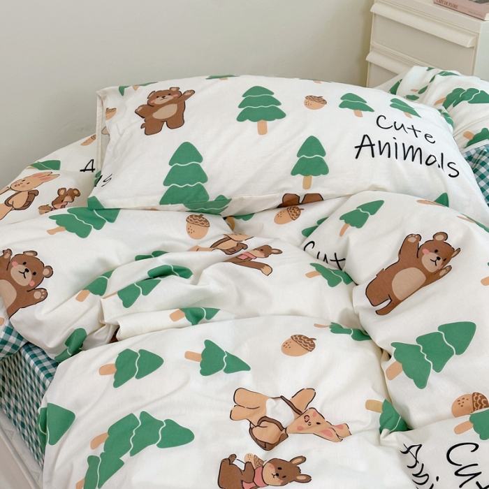 91家纺网 家纺一手货源 找家纺 宜家坊 2024新款12868全棉小清新四件套 绿树熊