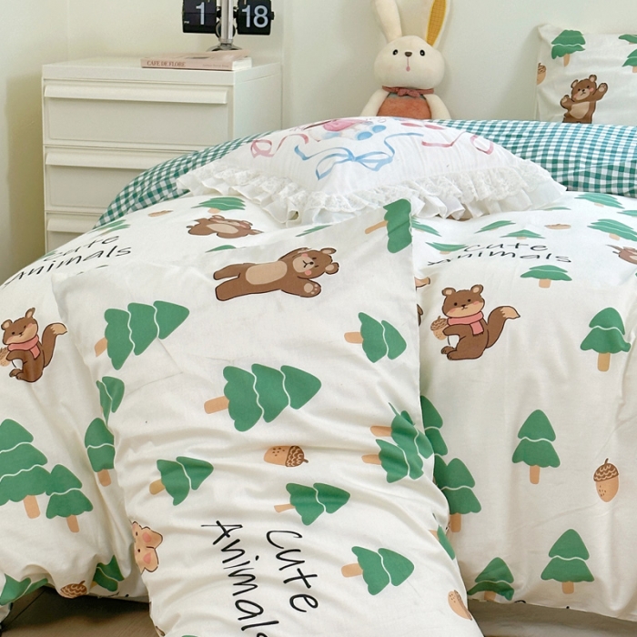 91家纺网 家纺一手货源 找家纺 宜家坊 2024新款12868全棉小清新四件套 绿树熊