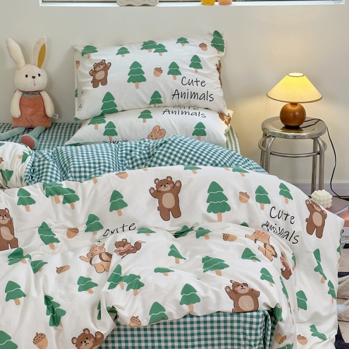 91家纺网 家纺一手货源 找家纺 宜家坊 2024新款12868全棉小清新四件套 绿树熊