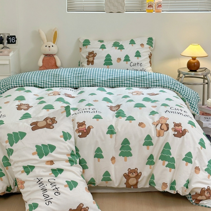 91家纺网 家纺一手货源 找家纺 宜家坊 2024新款12868全棉小清新四件套 绿树熊